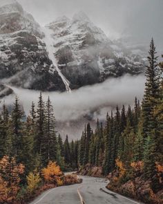 an empty road surrounded by trees and mountains in the background with clouds hanging over them