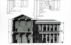 an architectural drawing of a house with columns and balconies