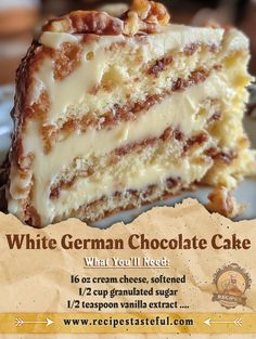 a close up of a piece of cake on a plate with the words white german chocolate cake