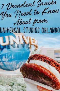 a person holding up a sandwich in front of the universal studios sign with text overlay that reads, 7 decadent snacks you need to know about from universal studio