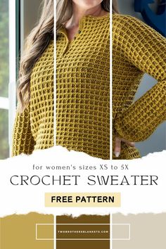 the crochet sweater pattern is shown in three different colors, including brown and yellow