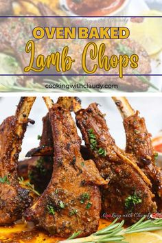 oven baked lamb chops on a plate with lemon wedges