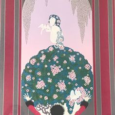 an illustration of a woman sitting on top of a flowery ball with wings above her head