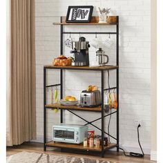 a shelf with food on it in front of a brick wall