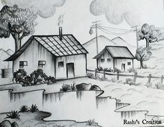 this is a drawing of a house in the country side with trees and mountains behind it