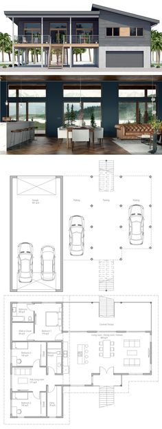 two story house plans with garage and living room in the top floor, bottom level and second