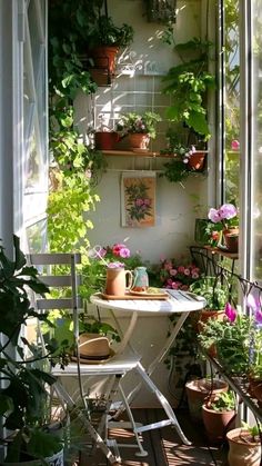 an outdoor patio with potted plants on the wall and a table in the middle