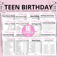 ten birthday games for girls with pink and silver confetti on the top one