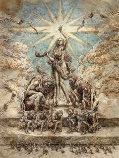 a drawing of a woman standing on top of a statue surrounded by other demonic creatures