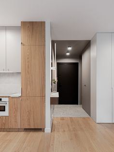 an empty kitchen with wood floors and white cabinets in the backround is shown