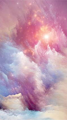 the sky is filled with colorful clouds and bright stars, as if it were floating in space