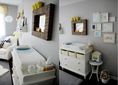 two pictures of a baby's room with white furniture and yellow accents on the walls