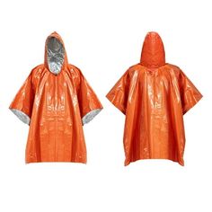 an orange rain poncher with silver lining on the front and back, in two different colors