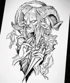 a black and white drawing of a demon with horns on it's head, surrounded by flowers