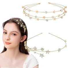 2 PCS Alloy Rhinestone Star Headband Gold Rhinestone Alloy Five-pointed Star Headbands Wedding Crown Bridal Headband Fashion Headpiece for Bride Bridesmaid for Women Party Girls Bride Bridesmaids Description and features 【Durable Material Won't Break Easily】The headpiece made of premium alloy with good polished, plated gold with lasting color retention. Comfortable to wear and hard to fade or break. 【Well-Designed】Decorated with stunning rhinestones and designed with stars and metallic lines, it's royal and elegant. 【Easy To Use】It can be wear directly on the hair without falling off, suitable for any hairstyle.The wire is smooth,wears comfortable,keep color forever. 【Exquisite Appearance】Alloy Five-pointed Star Headbands, Bridal Hair Hoop: The Exquisite Rhinestones Stars Hairband Makes Yo Star Headband Wedding, Fashion Headpiece, Star Crown, Headband Gold, Headband Fashion, Star Headband, Bride Headpiece, Crown Bridal, Gold Headband