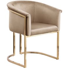 a beige chair with a gold frame and armrests on an isolated white background