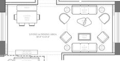 the floor plan for a living room and dining area, with two couches on each side