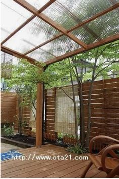 an outdoor patio with wooden decking and fenced in area