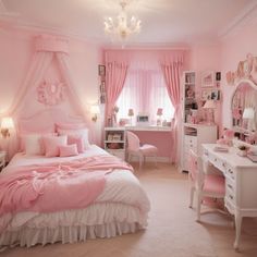 a bedroom decorated in pink and white