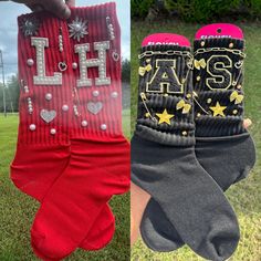 Custom Freestyle Junk Socks. Upcycled Socks, Wacky Socks Diy, Diy Crazy Socks For School, Slouch Socks With Charms, Junk Socks, Crazy Socks For Kids, Bling Socks, Slouch Socks, Crocs Fashion