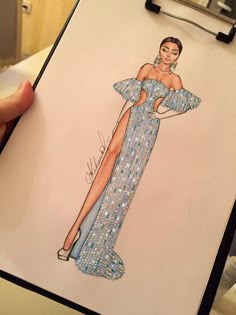 a drawing of a woman in a blue dress with sequins on the skirt