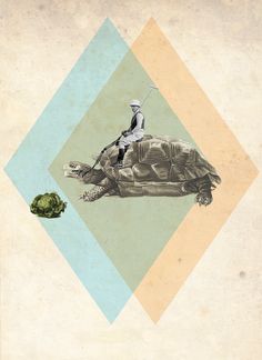 a man riding on the back of a turtle next to a piece of broccoli