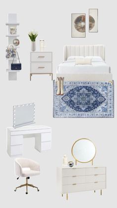 a bedroom with white furniture and accessories including a bed, desk, chair, mirror, dresser