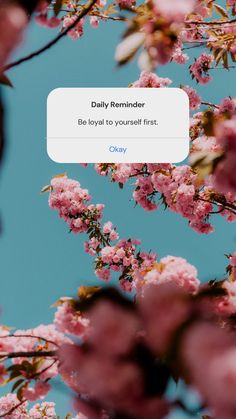 the text reads, daily reminder be loyal to yourself first okay on a blue sky background with pink flowers