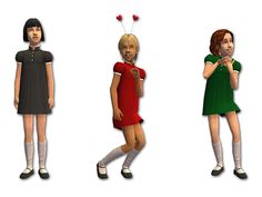 three animated women standing next to each other in different dresses and socks with hearts on their head