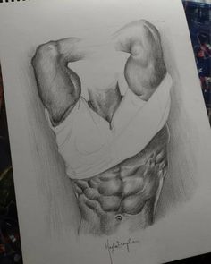 a pencil drawing of a man's torso with his hands behind his back and chest