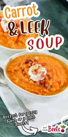 two white bowls filled with carrot and leek soup