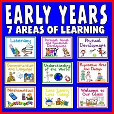 an image of early years posters with the words, 7 areas of learning and other activities