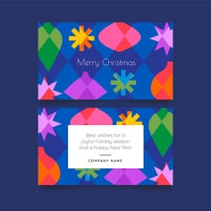 a business card with colorful christmas decorations on the front and back, in bright colors