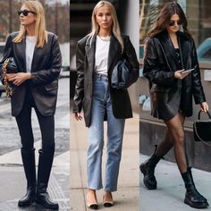 Leather Blazer Styling, Blazer Piel Outfit, Oversized Leather Blazer Outfit, Leather Shirt Outfit, Leather Blazer Outfit, Leather Black Jacket, Blazer Outfits Casual