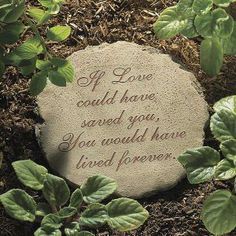 a stone with the words i love you and leaves around it, surrounded by dirt