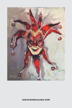 an abstract painting of a red and white clown with his face painted on it's chest