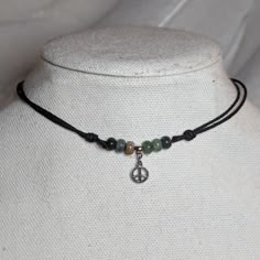 Tiny Silver Peace Sign Charm Moss Agate Beaded Adjustable Rope Necklace Comes On An Adjustable Waxed Black Cord Necklace. Necklace Is Adjustable From Approximately 13" To 22". Bead Color Will Vary As These Are Made To Order. Hippie Jewelry Necklace, Grunge Necklaces, Indie Necklace, Etsy Necklace, Black Cord Necklace, Earthy Jewelry, Beads Jewellery, Hippie Necklace, Dope Jewelry