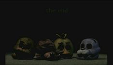 five skulls are lined up in a row with the word'the end'above them