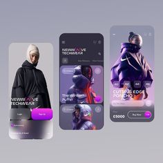 three mobile app screens showing different types of clothing and head coverings, with the text new wave technology on them