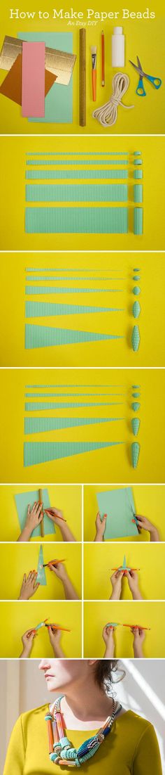 the instructions for how to make paper beads with scissors and yarn on yellow background - stock photo