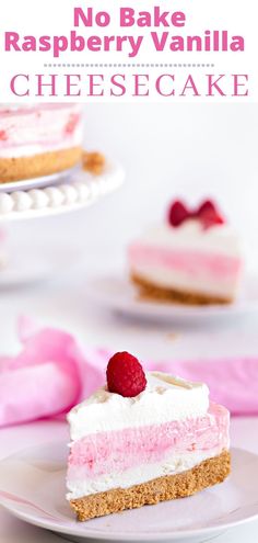 raspberry vanilla cheesecake on a white plate