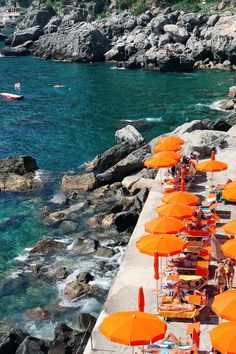 many orange umbrellas are lined up along the edge of a pier near the ocean