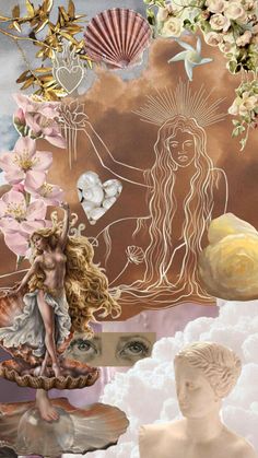 an artistic collage with flowers, shells and other things in the sky as well as a woman's face