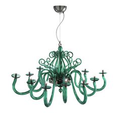 a green chandelier with twelve lights hanging from it's center, on an isolated white background