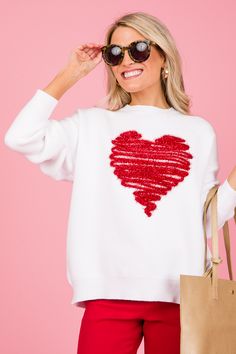 Tinsel Heart Sweater, White - New Arrivals Red Heart-shaped Valentine's Day Sweater, Valentine Fashion, Valentine Sweater, Warm Tights, Oversize Sweater, Best Winter Outfits, Girlie Style, Heart Sweater, How To Hem Pants