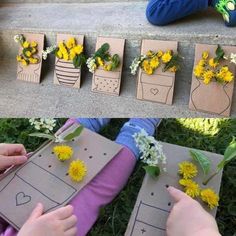 children are making flower pots out of cardboard and flowers on the ground next to them