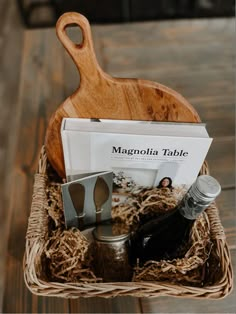 a wooden cutting board sitting on top of a basket filled with condiments