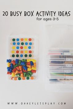 an assortment of toys in plastic bags with the title 20 busy box activity ideas for ages 3 - 6