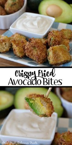 crispy fried avocado bites on a stick with ranch dip in the background