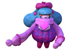 a cartoon character holding a pink heart in her arms and wearing a blue hat with polka dots on it